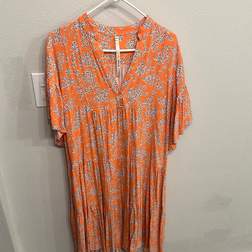 Uncle Frank Orange and Blue Tiered Midi Dress with Mandarin Collar